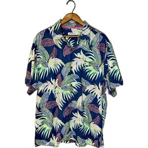Tommy Bahama Mens Silk Blend Tropical Palm Leaf Print Short Sleeve Shirt Navy XL